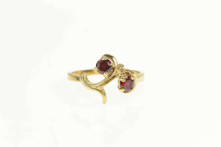 14K Yellow Gold Round Synthetic Ruby Retro Vine Swirl Cherry Ring