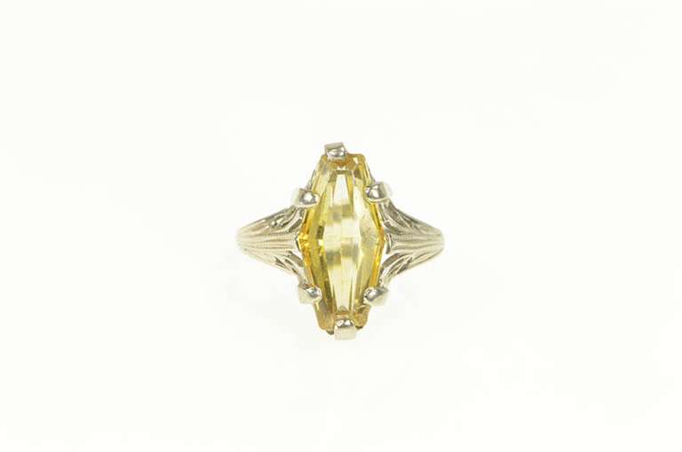 14K White Gold Fantasy Coffin Cut Art Deco Filigree Citrine Ring