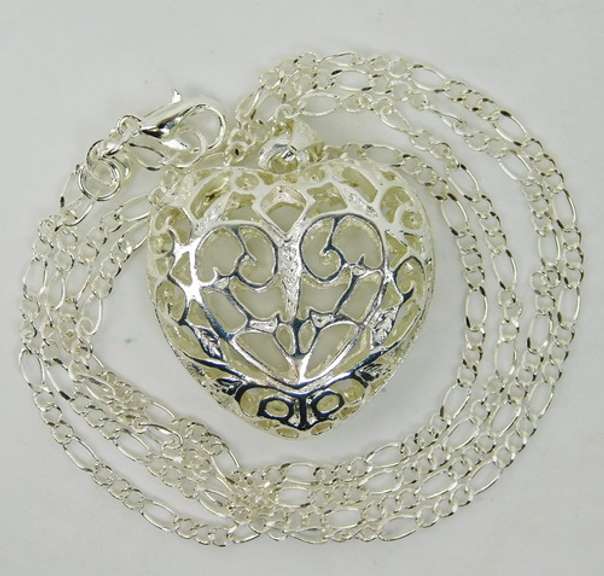 Sterling Silver Filigree Puffy Heart Pendant & Chain