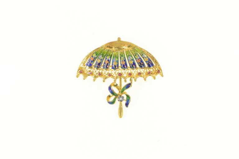 18K Yellow Gold Ruby Sapphire Floral Enamel Umbrella Pin/Brooch