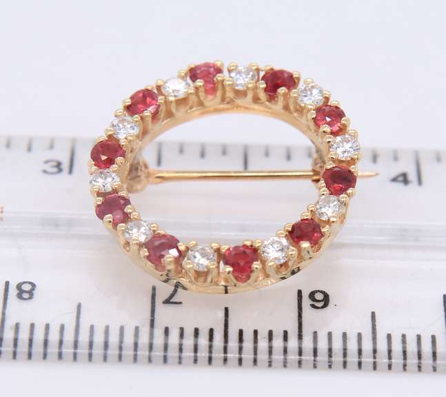 Charming Yellow Gold Ruby and Diamond Pin