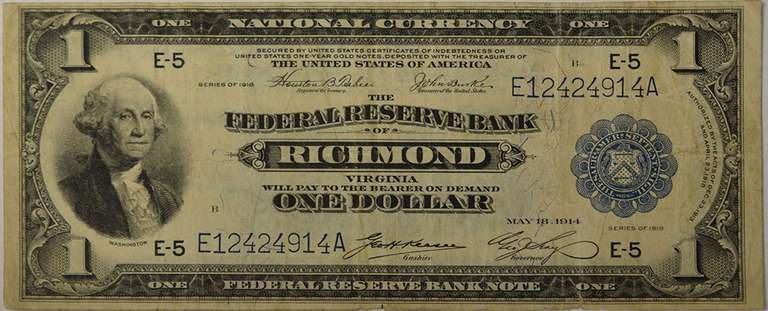 Series Of 1918 $1 Federal Reserve Bank Note Richmond, FR.721, Circulated.