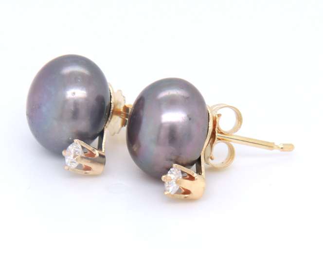 Fancy Yellow Gold Black Fresh Water Pearl and Diamond Stud Earrings