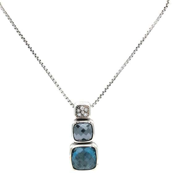 David Yurman Chiclet Diamond Hematite and Blue Topaz Pendant Necklace in Sterling