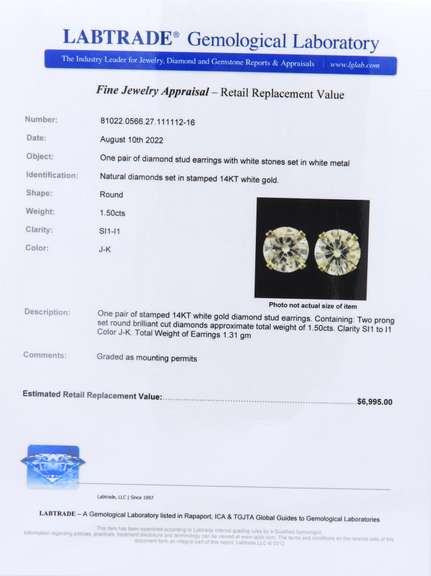 One Pair of White Gold 1.50cts Diamond Stud Earrings