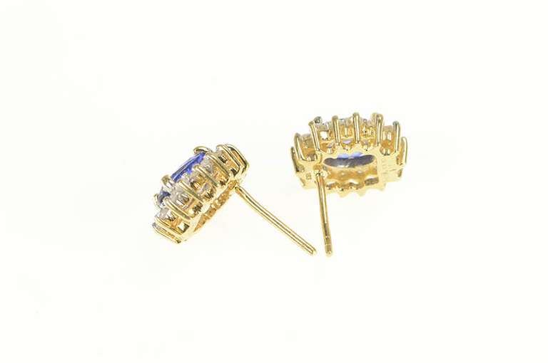 14K Yellow Gold Oval Syn. Sapphire Diamond Halo Stud Earrings