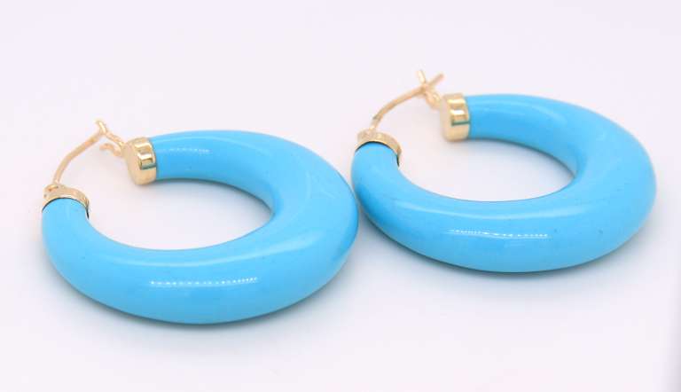 Beautiful Yellow Gold Turquoise Hoop Earrings