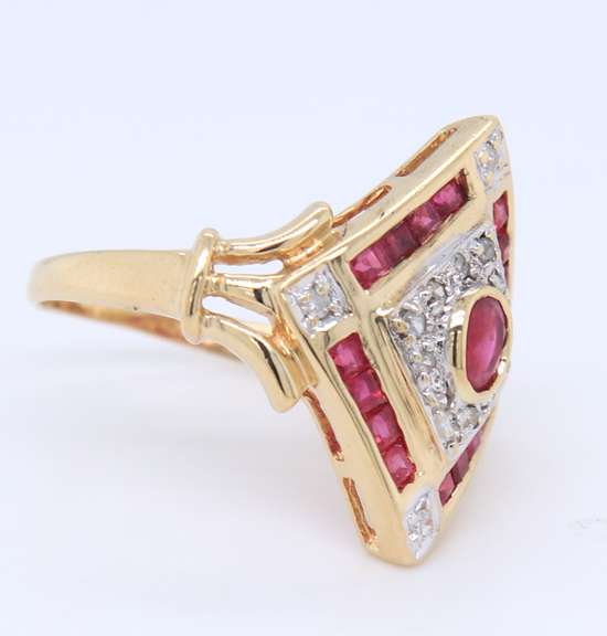 Pleasing Yellow Gold Ruby and Diamond Deco Style Ring