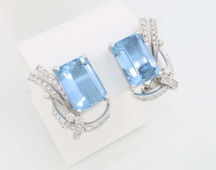 Certified Estate Aquamarine & Diamond Omega back Earrings