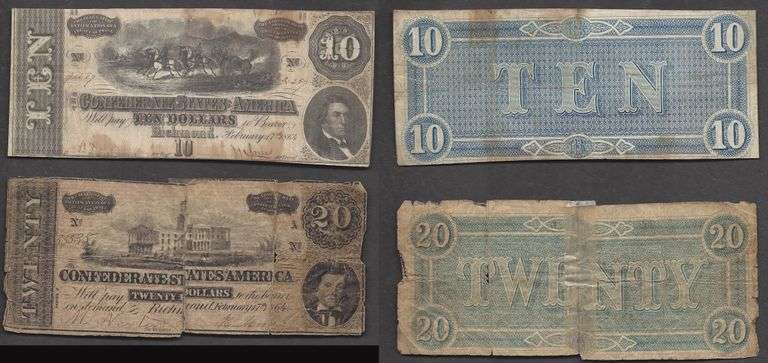 $10 & $20 Confederate Notes 1864 Circulated
