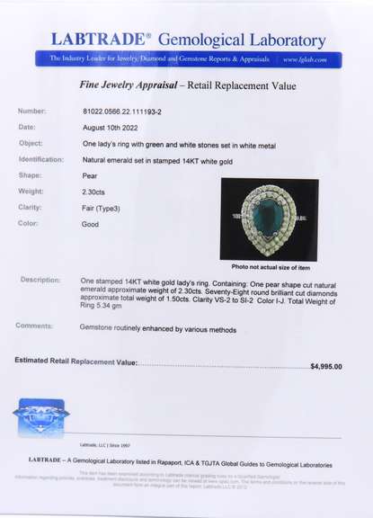 Wonderful White Gold Pear Shape Cut Natural Emerald and Diamond Ring