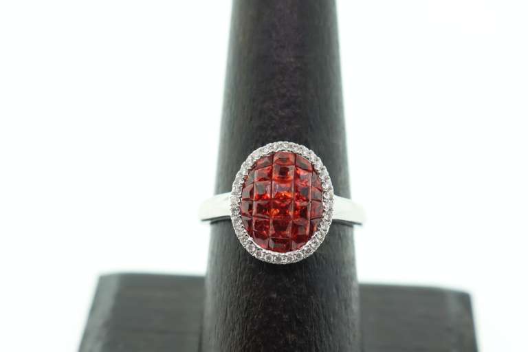 Fiery Orange Sapphire Cluster 18k White Gold Ring with Diamond edge