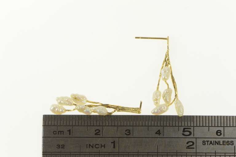 14K Yellow Gold Blister Pearl Fringe Dangle Chain Statement Earrings