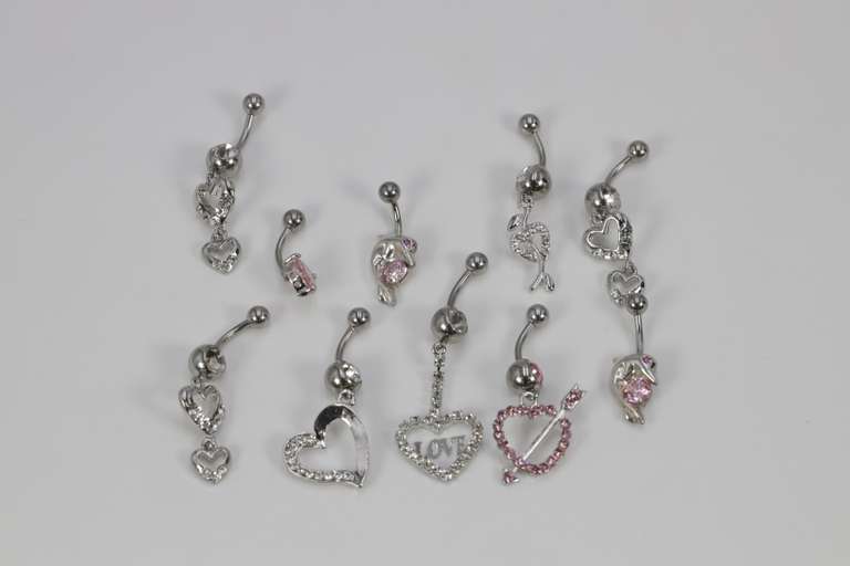 10 Belly Button Ring Lot Mixed Metals Surgical Steel Bar w/.925 Sterling Silver Charm