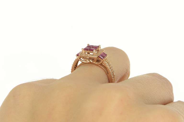 14K Rose Gold Princess Ruby Cluster Diamond Engagement Ring