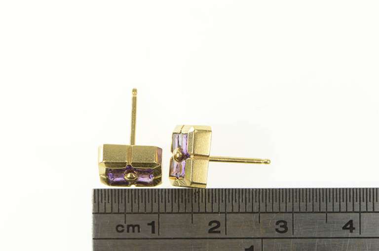 14K Yellow Gold Princess Amethyst Squared Cluster Stud Earrings