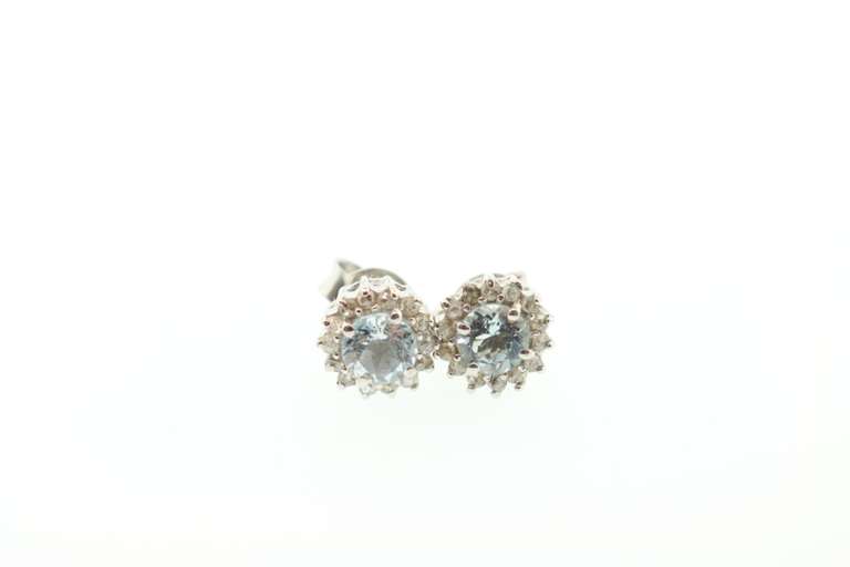 14kt Gold Plated Sterling Silver, Aquamarine, & Diamond Earrings
