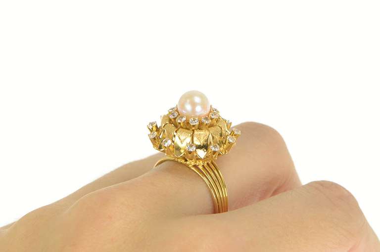 14K Yellow Gold 1950's Retro Pearl CZ Cocktail Halo Cluster Ring