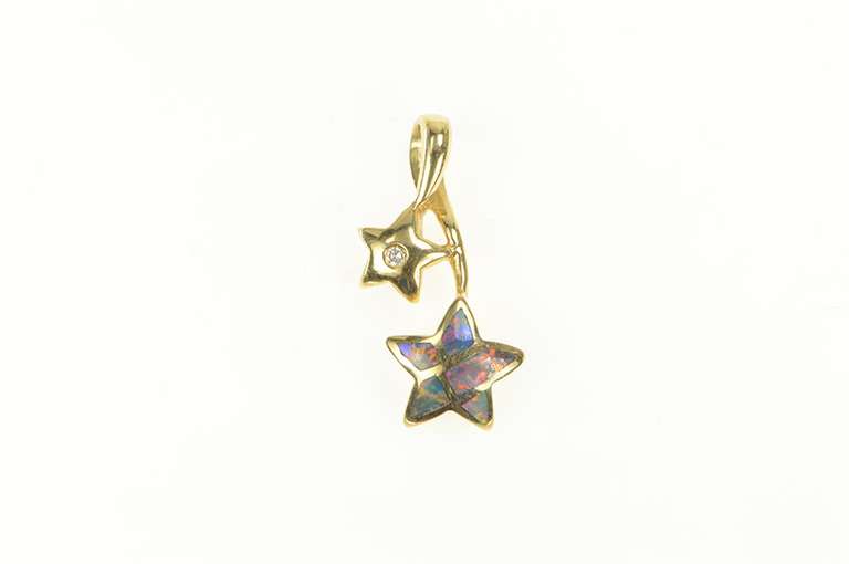 14K Yellow Gold Diamond Black Opal Inlay Star Loop Statement Pendant