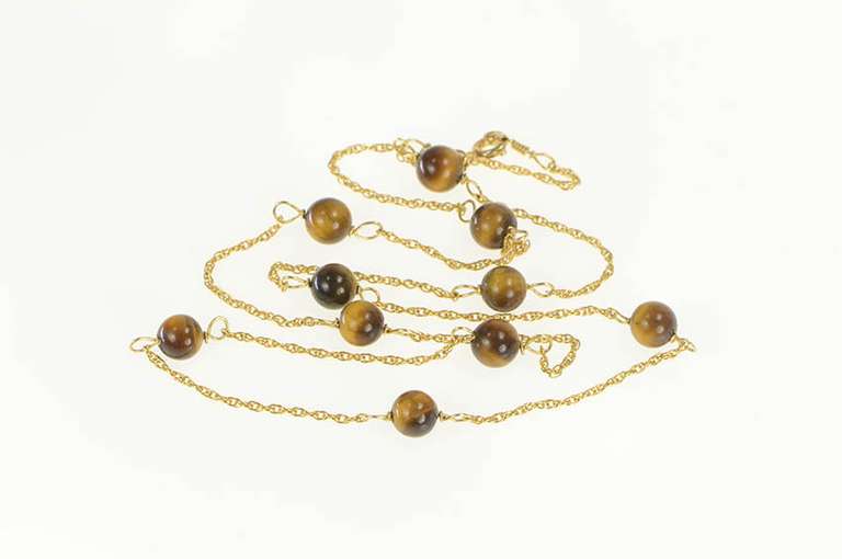 14K Yellow Gold Tiger's Eye Beaded Retro Statement Necklace