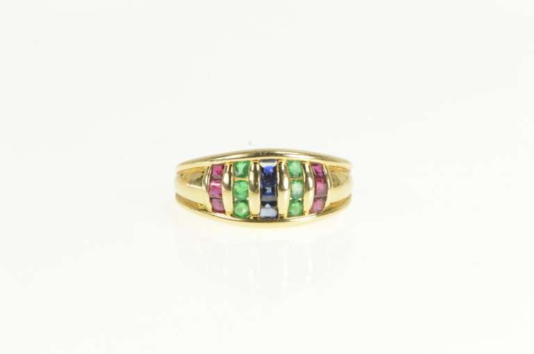 18K Yellow Gold Princess Sapphire Ruby Emerald Striped Band Ring