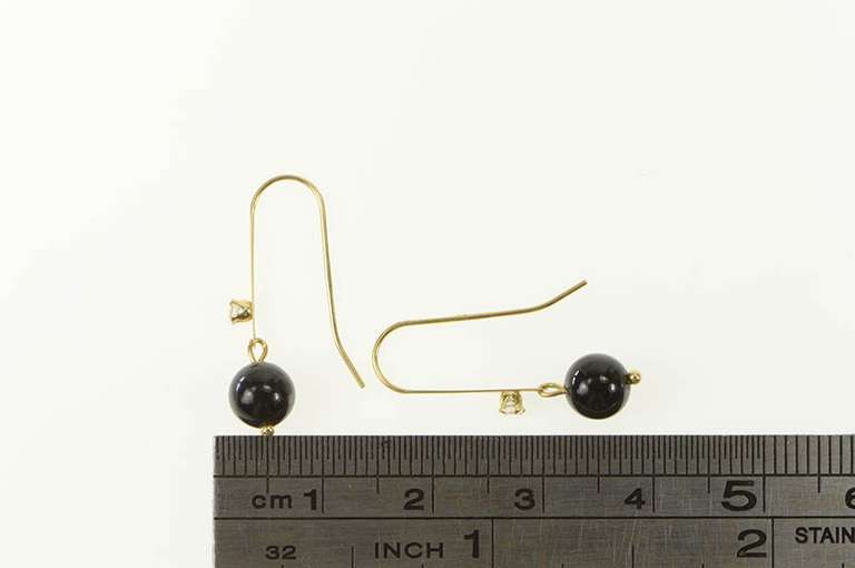 14K Yellow Gold Black Onyx Ball CZ Accent Dangle Hook Earrings