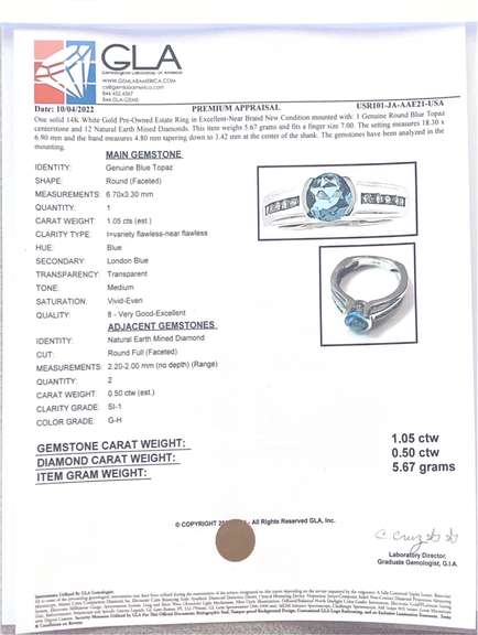 Gorgeous Approx. 1.00CTS Topaz and Diamond Ring in 14K White Gold