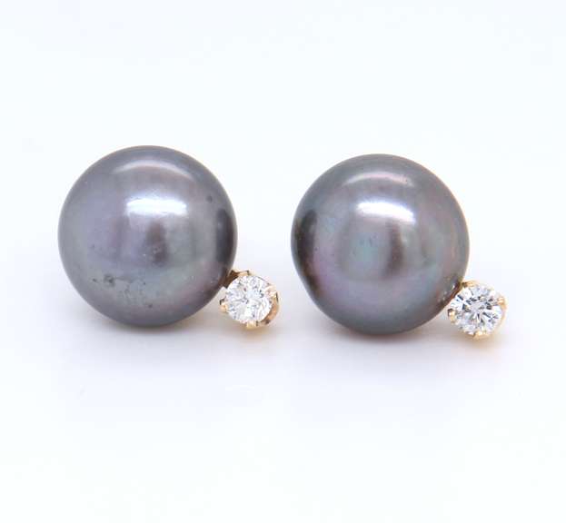 Fancy Yellow Gold Black Fresh Water Pearl and Diamond Stud Earrings