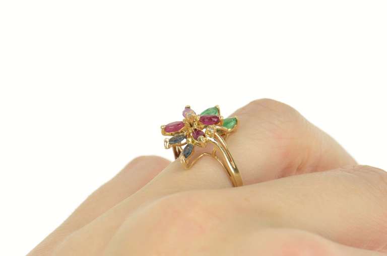 14K Yellow Gold Emerald Ruby Sapphire Cluster Diamond Accent Ring