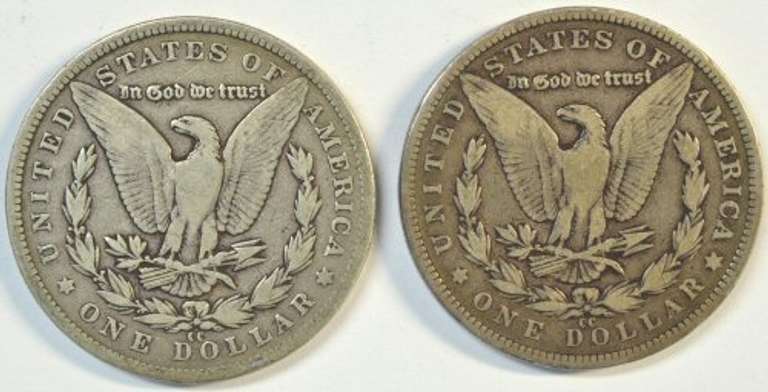 Scarce 1890-CC & 1891-CC Morgan Silver Dollars. Two CC's