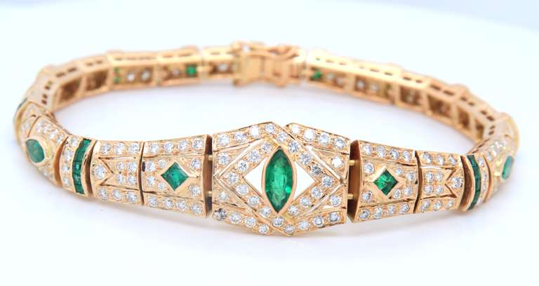 Unforgettable 18kt Yellow Gold Marquise and Square Shape Emerald and Diamond Bracelet