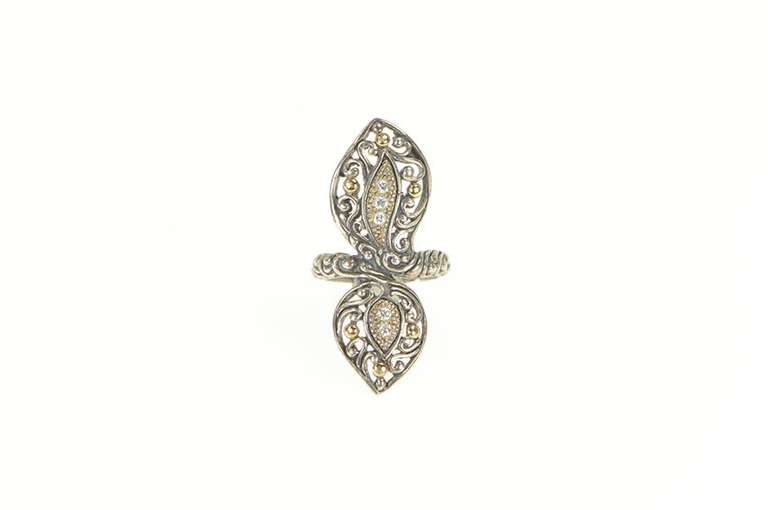 Sterling Silver Two Tone 18k Gold Filigree CZ Bypass Vine Ring