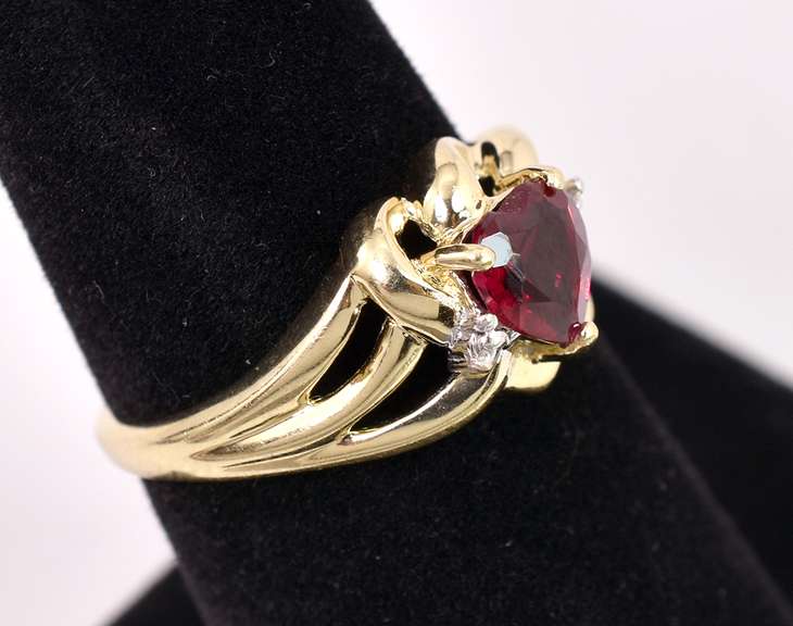 Romantic Ruby Heart and Diamond Ring in Yellow Gold