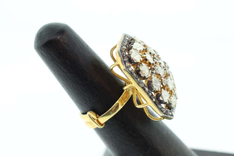 Exquisite Mine Cut Diamond Cluster Ring with Gold Plated Silver and Diamond Accents