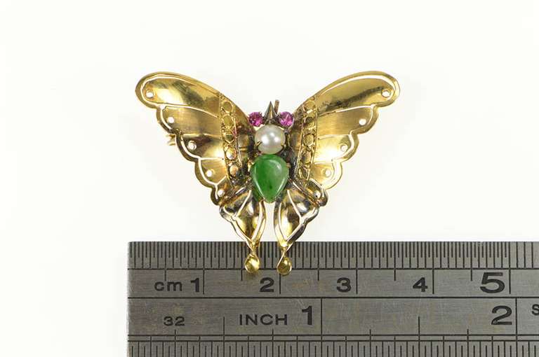14K Yellow Gold 1950's Jade Pearl Syn. Ruby Butterfly Pin/Brooch