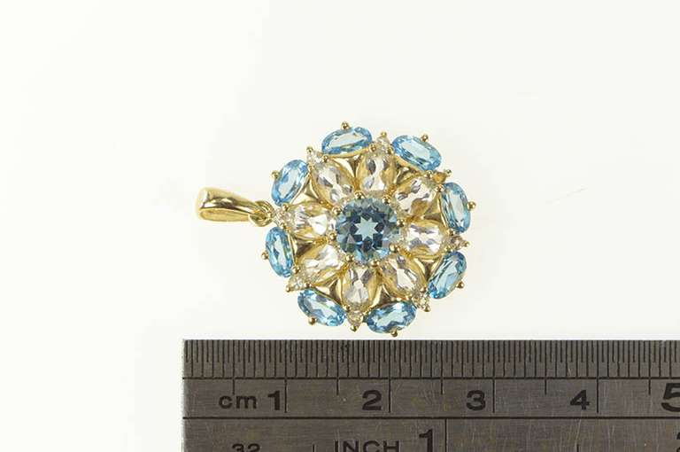 14K Yellow Gold Blue Topaz CZ Diamond Accent Round Cluster Pendant