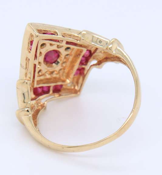 Pleasing Yellow Gold Ruby and Diamond Deco Style Ring