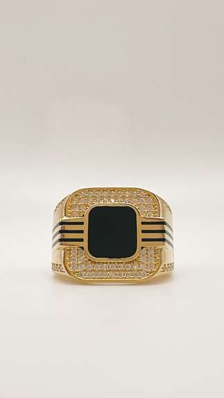 Men's 14kt Solid Yellow Gold, Onyx, & CZ Ring