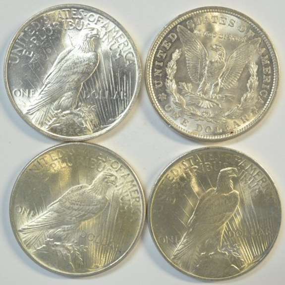 Choice BU 1921 Morgan and 1922 to 1924 Peace Dollars. 4pcs
