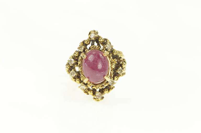 14K Yellow Gold 4.27 Ctw Ruby Cabochon Diamond Cocktail Ring