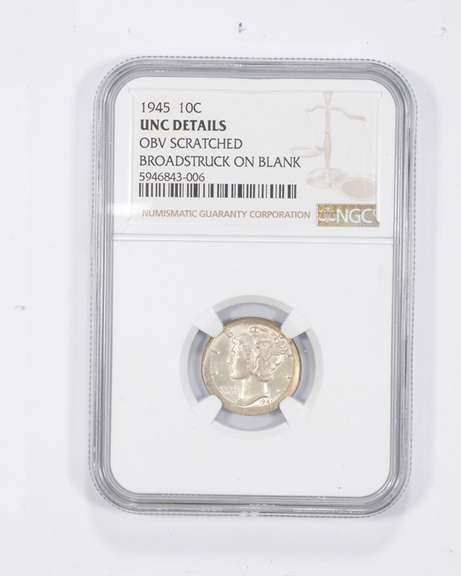 UNC Details 1945 Mercury Dime OBV Scratch Broadstruck On Blank - NGC