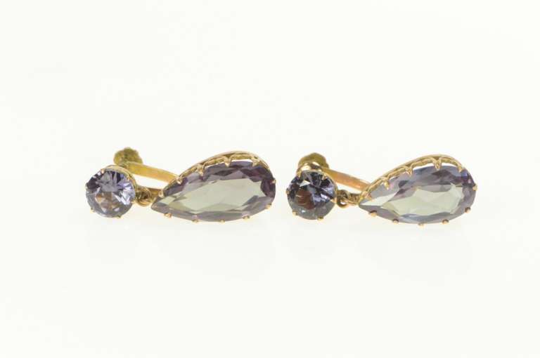 14K Yellow Gold Victorian Amethyst Pear Dangle Screw Back Earrings