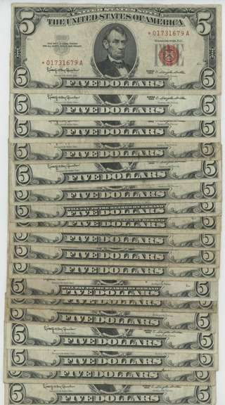 18 Series of mixed 1953 & 1963 $5 Red Seals with 1 STAR note