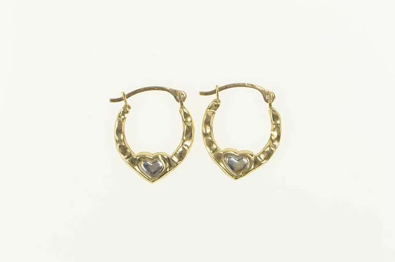 10K Yellow Gold Two Tone Heart Pattern Puffy Hoop Earrings