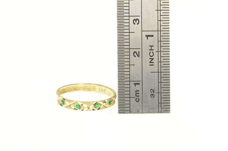 14K Yellow Gold Textured Lattice Pattern Green Enamel Band Ring