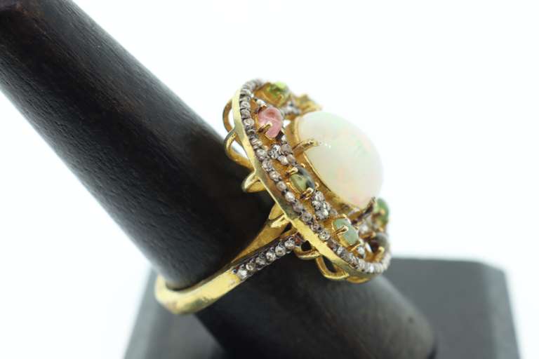 Illustrious Gold Plated Silver Ring with Magnificent Pearl and Polychromatic Precious Gems