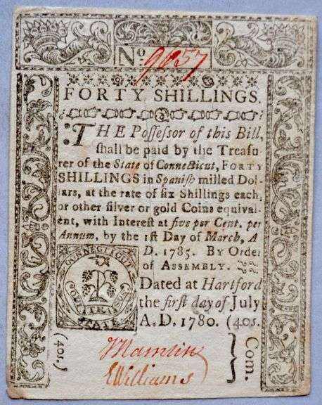 Jan 1 1780 40 Shillings Connecticut Note