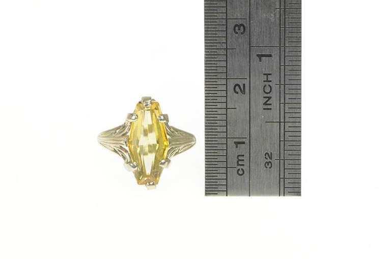 14K White Gold Fantasy Coffin Cut Art Deco Filigree Citrine Ring