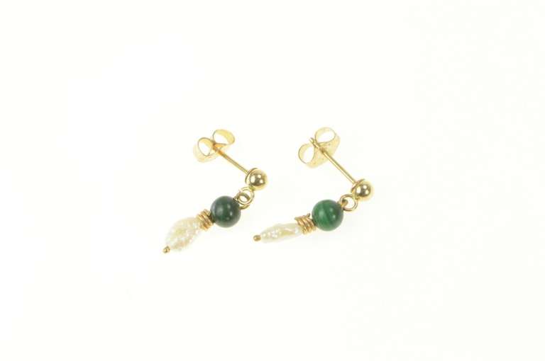 14K Yellow Gold Pearl Malachite Beaded Dangle Vintage Earrings