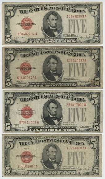 4 Series of 1928 $5 Red Seal Notes. Scarcer